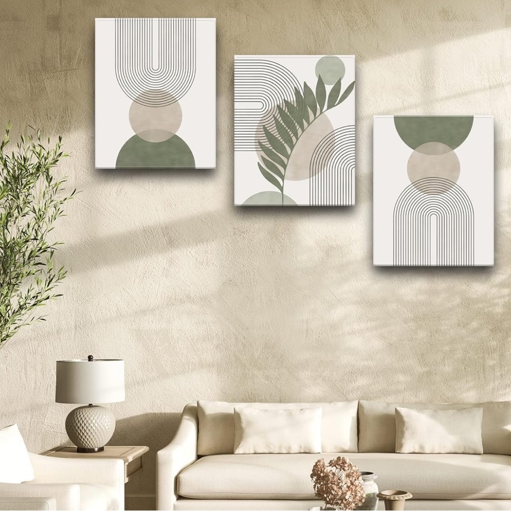 Brand New Set of 3 Wood Framed Canvases Sage Boho Wall Art Minimalist Decor